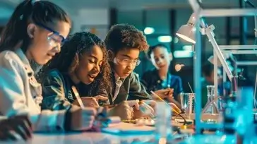 Senior students in a modern lab setting, collaborating